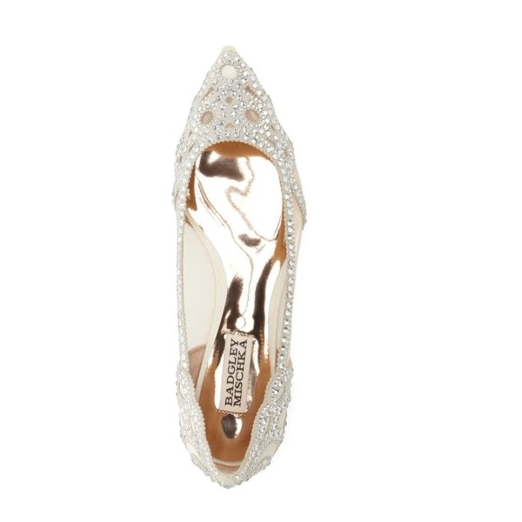 Badgley Mischka Gigi Cream Satin Pointed Toe Crystal Flats - Picture 3 of 8